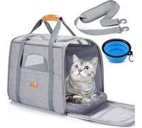 Transportín Perro Gato, Bolsa de Transporte Transpirable para Mascotas, Portador de Viaje con Correa de Hombro Ajustable, Transporte de Gato con Colchón Suave + Tazón Plegable Gris Claro (46x32x36cm)