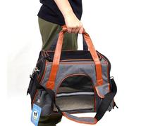 Transportín Perro y Gato Bolso Portaperro Transpirable para Mascota Transportadora de Viaje Ventilación Bolsillos Laterales Dos Puertas con Correa para Coche (Gris, 24x28x43cm)