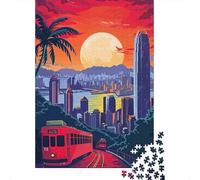 Tranvía Rojo Paisaje Urbano Puzzle de 1000 Piezas Papel para Adultos Atardecer Ambiente Tropical Juego de Puzzle para Familia Decoración Relajación 38x26cm/1000pcs
