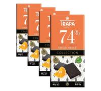 TRAPA COLLECTION | Chocolate Negro 74% Cacao con Naranja | Tableta 90 g | Sin Gluten (Paquete de 4)