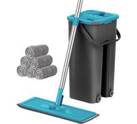 Trapeador para Limpiar Azulejos y Paredes, Limpiar y Quitar el Polvo con balde desagüe, trapeador autodrenante, Cepillo para Pisos, 6 Almohadillas de Microfibra (Azul)