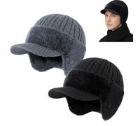 Trapper Blocking Knitted Hats, Winter Cozy Head Beanie with Brim & Ear Flaps for Men (Gray+Black,Talla única)