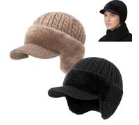 Trapper Blocking Knitted Hats, Winter Cozy Head Beanie with Brim & Ear Flaps for Men (Khaki+Black,Talla única)