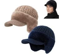 Trapper Blocking Knitted Hats, Winter Cozy Head Beanie with Brim & Ear Flaps for Men (Khaki+Blue,Talla única)