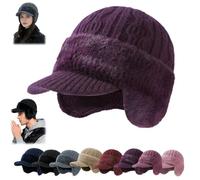 Trapper Blocking Knitted Hats with Brim & Ear Flaps,Mens Cozy Head Beanie with Fur Lining,Outdoor Winter Warm Trapper Cap (Purple)