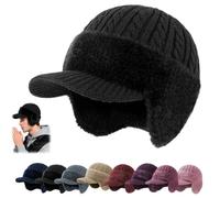 Trapper Blocking Knitted Hats with Brim & Ear Flaps,Mens Cozy Head Beanie with Fur Lining,Outdoor Winter Warm Trapper Cap (Black)