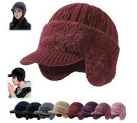 Trapper Blocking Knitted Hats with Brim & Ear Flaps,Mens Cozy Head Beanie with Fur Lining,Outdoor Winter Warm Trapper Cap (Red)