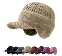 Trapper Blocking Knitted Hats with Brim & Ear Flaps,Mens Cozy Head Beanie with Fur Lining,Outdoor Winter Warm Trapper Cap (Khaki)