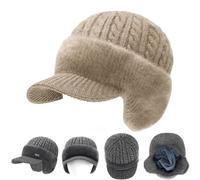 Trapper Knitted Beanie with Mink Fur Lining, Knit Hat with Ear Flaps, Fur-Lined Warm Stylish Baseball Beanie For Men and Miss (Light Khaki)