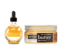 Tratamiento de manos Cuccio - Aceite para cut culas (75 ml) y crema corporal hidratante con aroma a mantequilla (225 ml) (leche y miel)
