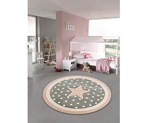 Traum Alfombra para niños Juegos Alfombra para bebés con Estrella en Rosa Gris y Blanco Größe 80 cm Rund