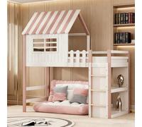 Traumhaus-Kinderbett 90 x 200 cm - Seguro y de cuento de hadas | Forma de techo con escalera de seguridad y compartimento de almacenamiento | Madera maciza en color rosa con somier | Para niños y
