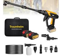 Traumheim Hidrolimpiadora Inalámbrica 21V, 68 Bar, 2X 4000mAh | Motor sin escobillas, boquilla giratoria 180°/360°, boquilla 6 en 1, adaptador para botella, lanza de extensión