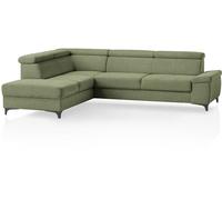 Traumnacht Montpellier - Sofá esquinero de 3 plazas con elemento fijo (taburete), incluye función de descanso, cajón izquierdo y cabecero ajustable, color verde, fabricado según el estándar de calidad