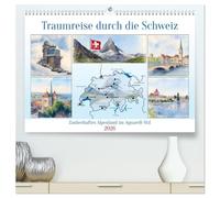 Traumreise durch die Schweiz (hochwertiger Premium Wandkalender 2026 DIN A2 quer), Kunstdruck in Hochglanz: Zauberhaftes Alpenland im Aquarell-Stil