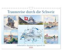 Traumreise durch die Schweiz (Wandkalender 2026 DIN A4 quer), CALVENDO Monatskalender: Zauberhaftes Alpenland im Aquarell-Stil