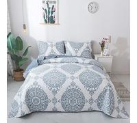 Travan Juego de edredón de 3 Piezas, Colcha Ligera con Estampado Floral, Juego de Cama Acolchado de Gran tamaño con Fundas para Todas Las Estaciones, Floral Azul, tamaño Queen
