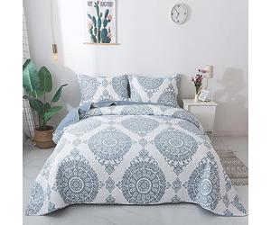 Travan Juego de edredón de 3 Piezas, Colcha Ligera con Estampado Floral, Juego de Cama Acolchado de Gran tamaño con Fundas para Todas Las Estaciones, Floral Azul, tamaño Queen