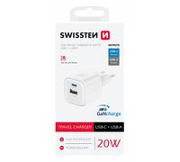 Travel charger gan 1x usb-c 20w pd + 1x usb-a 18w qc white