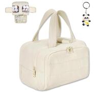 Travel Cosmetic Bag, Large Capacity Wide-Open Cosmetic Bags, Waterproof Portable Pouch Open Flat Toiletry Bags, Dry-and-Wet Separation (Beige)