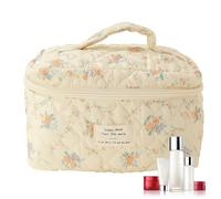 Travel Makeup Bag - 25cm Quilted Floral Case, Portable Cosmetic Organizer, Soft Storage Pouch, Durable Container | for Home Hotel Camping Toiletry Accessories