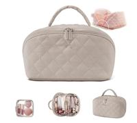 Travel Makeup Bag for Woman, Makeup Bag Travel Toiletry Bag, Waterproof Wide-Open Pouch Purse Make up Bags with Compartment & Handle (Beige)