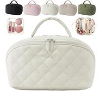 Travel Makeup Bag for Woman,Spacious 180° Open Cosmetic Organizer with Brush Compartment & Handle,Waterproof Washable Large Capacity Portable Cosmetic Storage Pouch (White)