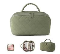 Travel Makeup Bag For Woman, Water-Resistant Wide Open Expandable Lay Flat Makeup Bag, with Handle Brush Compartment For Travel Daily Use (Green)