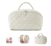 Travel Makeup Bag For Woman, Water-Resistant Wide Open Expandable Lay Flat Makeup Bag, with Handle Brush Compartment For Travel Daily Use (White)