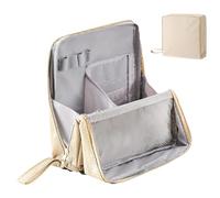 Travel Makeup Bag - Vertical Standing Design & Space Saving Pouch, impermeable exterior + interior divider | Reinforced Nylon Construction - for Cosmetics & Stationery, Cream Colored, Se référer au
