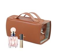 Travel Makeup Brush Holder | PU Leather Toiletry Bag with Clear Removable Compartments | Cosmetic Bag for Lipstick, Lip Gloss & Toiletries | Portable Makeup Organizer