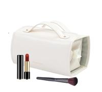 Travel Makeup Brush Holder | PU Leather Toiletry Bag with Clear Removable Compartments | Cosmetic Bag for Lipstick, Lip Gloss & Toiletries | Portable Makeup Organizer