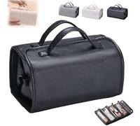 Travel Toiletry Bag 4 Detachable Clear Compartment, Waterproof Hanging Travel Toiletry Bag, Hanging Leather Waterproof Cosmetic Bag, 4 in 1 Roll Up Large Capacity Foldable Cosmetic Bag (Black)