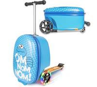 Travel Totes Barrio Sésamo - Maleta para patinete para niños - Equipaje de mano ligero rígido con patinete plegable y ruedas LED, Azul, Cookie Monster