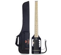Traveler Guitar Bajo ultraligero negro brillante de 5 cuerdas, bajo pequeño de viaje con reposamuñecas extraíble, guitarra portátil sin cabeza a escala de 30 pulgadas, mini bajo con bolsa de concierto