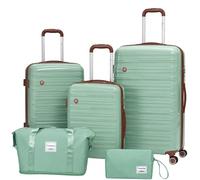 Travelhouse Ascona - Juego de 5 maletas con ruedas, policarbonato + ABS rígido, bolsa de viaje y neceser de mano, verde oscuro, S, M, L, Juego de maletas