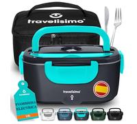 TRAVELISIMO Fiambrera Electrica 80W Taper Electrico para Comida 1,5L Fiambrera Termica 3 en 1 12V/24V/220V - Lonchera Termica Para Coche y Camión, Marmita Electrica en Acero Inoxidable