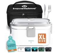 TRAVELISIMO - Fiambrera Electrica Extra Grande 1,8L - Taper Electrico para Comida 100W - Fiambrera Termica 3 en 1 12V/24V/220V - Fiambreras Comida Trabajo para Coche, Camión - Acero Inoxidable