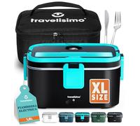 TRAVELISIMO - Fiambrera Electrica Extra Grande 1,8L - Taper Electrico para Comida 100W - Fiambrera Termica 3 en 1 12V/24V/220V - Fiambreras Comida Trabajo para Coche, Camión - Acero Inoxidable