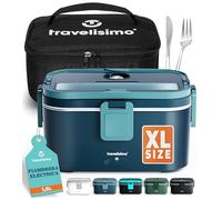 TRAVELISIMO - Fiambrera Electrica Extra Grande 1,8L - Taper Electrico para Comida 100W - Fiambrera Termica 3 en 1 12V/24V/220V - Fiambreras Comida Trabajo para Coche, Camión - Acero Inoxidable
