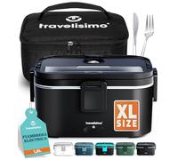 TRAVELISIMO - Fiambrera Electrica Extra Grande 1,8L - Taper Electrico para Comida 100W - Fiambrera Termica 3 en 1 12V/24V/220V - Fiambreras Comida Trabajo para Coche, Camión - Acero Inoxidable
