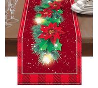 Traves de Mesa Navidad 230 x 33cm, Camino de Mesa de Lino Navideño, Camino de Mesa Rojo con Flores Rojas, Hojas Verdes y Copos de Nieve Impreso para Decoración de Fiestas en Casa, Interior y Exterior