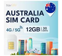 travSIM Australia Tarjeta SIM | 12GB de Datos móviles a velocidades 4G/5G | Itinerancia Gratuita en Nueva Zelanda | Plan en la Tarjeta SIM para Australia es válido Durante 30 días