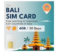 TravSIM Bali Tarjeta SIM | 6GB Datos móviles, velocidades 4G/5G | Itinerancia Gratuita en Indonesia + 5 países de Asia | Funciona en iOS y Android | Plan de Tarjeta SIM Bali válido Durante 30 días