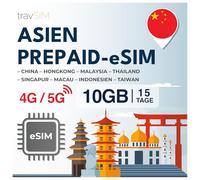 travSIM eSIM Asia | 15 días - 10 GB de datos eSIM | Uso en Macao, China, Hong Kong, Malasia, Tailandia, Singapur y más | Acceso a Internet a Google, Facebook, Whatsapp y más | Sin costos de