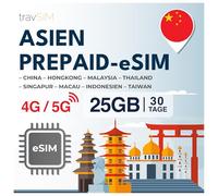 travSIM eSIM Asia | 30 días - 25 GB de datos eSIM | Uso en Macao, China, Hong Kong, Malasia, Tailandia, Singapur y más | Acceso a Internet a Google, Facebook, Whatsapp y más | Sin costes de