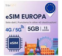 travSIM eSIM Europa | 15 días - 5 GB | eSIM Europa, uso en Alemania, Francia, España, Italia, Países Bajos y más | Acceso a Google, Facebook, Whatsapp y más | Sin costes de itinerancia