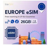 travSIM eSIM Europa | 24GB de Datos a velocidades 4G/5G | Sólo Datos eSIM | Utiliza la eSIM Europa en 27 Países de la UE | Plan en eSIM para Europa Válido Durante 14 Días