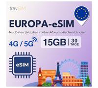 travSIM eSIM Europa | 30 días - 15 GB | eSIM Europa, uso en Alemania, Francia, España, Italia, Países Bajos y más | Acceso a Google, Facebook, Whatsapp y más | Sin costes de itinerancia