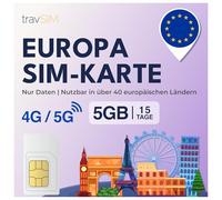 travSIM SIM Europa | 15 días - 5 GB | Tarjeta SIM Europa, Alemania, Francia, España, Italia, Países Bajos y más | Acceso a Google, Facebook, Whatsapp y más | 0 Gastos de itinerancia